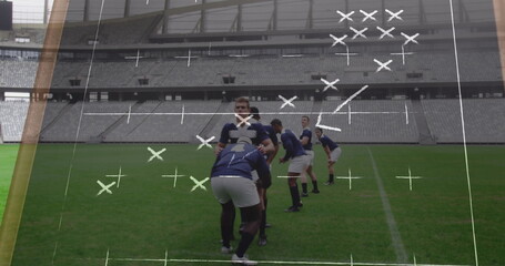 Poster - Image of drawing of game plan over diverse rugby players
