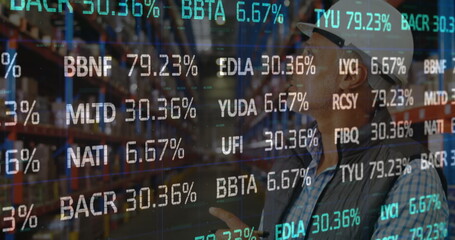 Poster - Image of stock market over biracial worker in warehouse