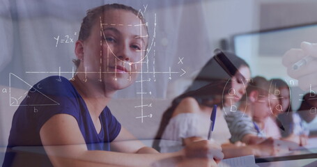 Poster - Image of mathematical equations over school children writing in classroom