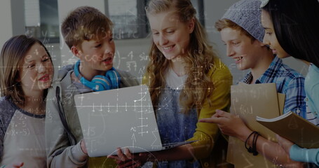 Poster - Image of mathematical equations over school children using laptop in classroom