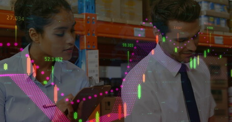 Poster - Image of financial data processing over people working in warehouse