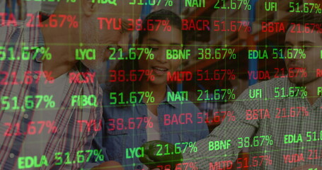 Poster - Image of financial data processing over people in warehouse