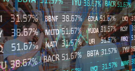 Poster - Image of stock market over diverse volunteers in warehouse
