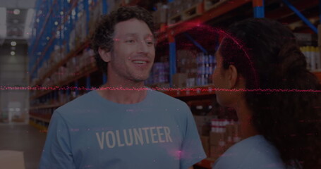 Poster - Image of financial data processing over diverse volunteers in warehouse