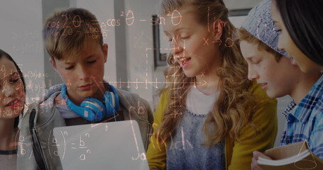 Poster - Image of mathematical equations over school children using laptop in classroom