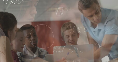 Poster - Image of mathematical equations over school children and male teacher using laptop in classroom