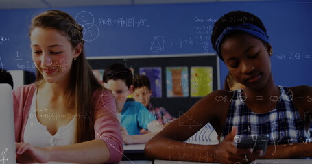Poster - Image of mathematical equations over school children using electronic devices in classroom