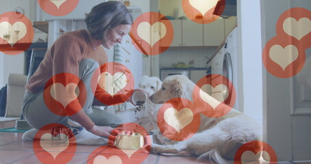 Poster - Image of heart icons over caucasian woman with her pet dog