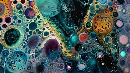 Poster - Vibrant colors and circular patterns create a mesmerizing abstract display, resembling a cosmic landscape with bubbles and textured surfaces, evoking a sense of depth.