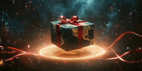 Poster - Mystical gift box floating in cosmic space with glowing ribbons and starry background
