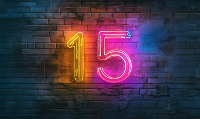 Poster - Neon number 15 glowing on textured brick wall in vibrant colors
