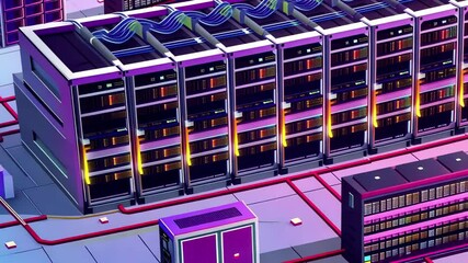Poster - This setting features a modern data center filled with servers connected by vibrant cables, illustrating a high-tech environment for data processing.