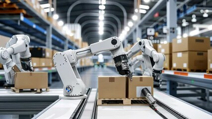 Poster - Advanced robotic arms efficiently package boxes in a large warehouse, showcasing automation technology in action