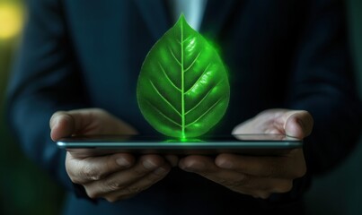 Aufkleber - Digital green leaf hologram displayed on smartphone in hands of businessman