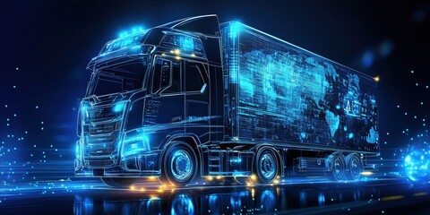 Poster - futuristic digital truck design with glowing elements and world map projection