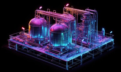 Poster - 3D holographic representation of industrial chemical processing plant with vibrant neon colors