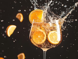 Poster - Refreshing citrus cocktail with vibrant splash against dark backdrop capturing the essence of summer in a glass