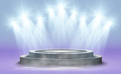 Poster - Bright spotlight stage with smoke and empty podium, blue and purple background, elegant scene for product presentation or award show.
