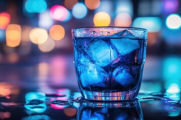 Poster - Refreshing drink with ice cubes in a glass on a reflective surface with colorful bokeh background capturing a vivid and inviting visual mood