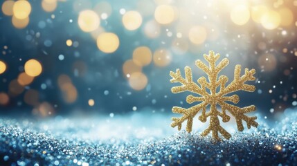 Poster - Golden snowflake on sparkling blue surface with bokeh lights creating a magical winter holiday atmosphere
