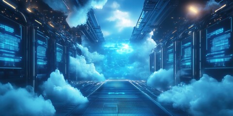 Poster - Futuristic digital corridor with glowing data panels and clouds