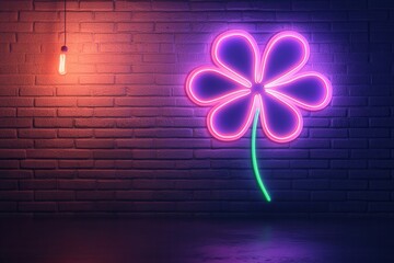 Poster - Neon clover glows against brick wall creating a vibrant and modern aesthetic with a single bulb lamp casting a warm light