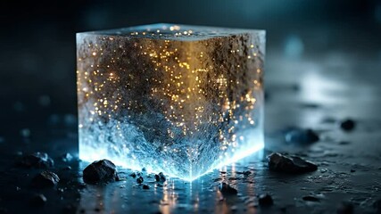 Poster - Mystical Illuminated Cube: A captivating image presents a luminous cube with an otherworldly glow, exhibiting intricate inner structures and a sense of enigmatic beauty.