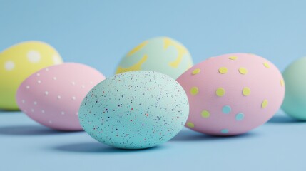 Poster - Gradient blue background with floating Easter eggs in multiple sizes and intricate textures made with Generative AI technology