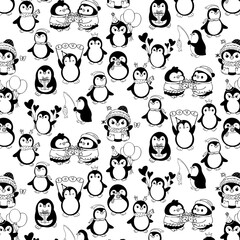 Fototapete - penguin element hand drawn icon set seamless pattern