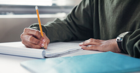 Poster - Writing, hands and teenage boy in classroom, education and exams with scholarship. Closeup, person and student in school, academy and knowledge with test, notes and creativity with ideas and learning