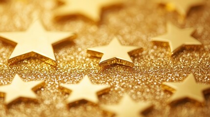 Poster - Gold stars scattered on a glittering gold surface.