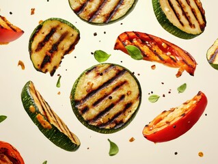Poster - Grilled Zucchini and Tomato Slices with Basil Leaves Floating on a Beige Backdrop in a Culinary Still Life with Strong Lighting