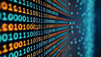 Poster - Glowing binary code streams through a digital landscape, illustrating data processing and technology in a futuristic setting at night, emphasizing depth and detail.
