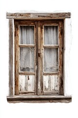Poster - Rustic Wooden Window with Weathered Frame and Lace Curtains Capturing Vintage Charm and Architectural Detail in Natural Light
