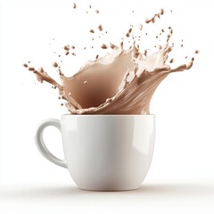 Poster - Captivating splash of creamy chocolate beverage in a pristine white mug against a clean background studio shot capturing the dynamic motion and sweet indulgence