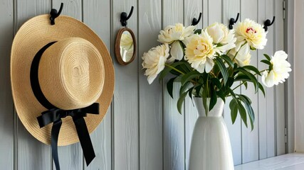 Poster - A straw hat hangs on a wall beside a delicate vase of peonies, creating a charming and inviting atmosphere in a stylish room