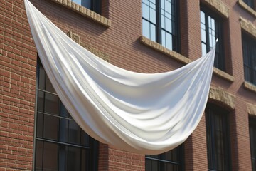 Poster - Elegant white fabric draped against a brick building facade with windows creating a modern architectural backdrop showcasing smooth texture and soft lighting