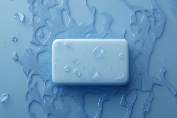 Fototapete - Minimalist soap bar with ice cubes on a light blue background offering a refreshing and clean aesthetic perfect for hygiene and beauty product advertising