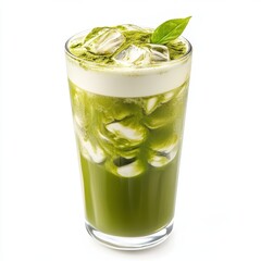 Poster - Refreshing matcha latte with ice cubes and green leaf on top in a glass on a white background
