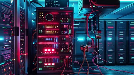 Poster - A data center filled with tall server racks illuminated by colorful neon lights creates a striking visual. Cables connect various devices in a high-tech environment at night.