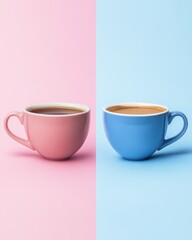 Poster - Two ceramic cups of coffee on pastel pink and blue background minimalist style concept of balance
