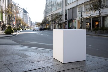 Poster - Blank White Cube Display Stand City Street Urban Modern Minimalist Advertising Mockup Product Presentation Empty Space Public Area Outdoor Showcase   