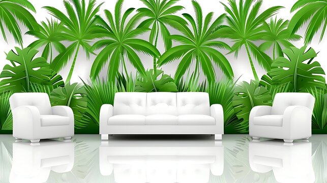 White lounge suite in lush tropical vegetation backdrop creating tranquil setting