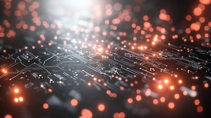 Poster - Digital Circuitry: A close-up shot reveals the intricate network of a circuit board, with glowing orange lights highlighting the pathways, showcasing the cutting-edge of digital technology.