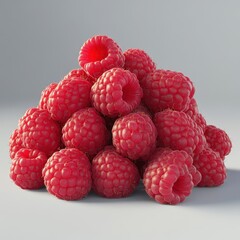 Poster - Vibrant pile of fresh raspberries against a soft gray background showcasing natural texture and appealing color for healthy eating