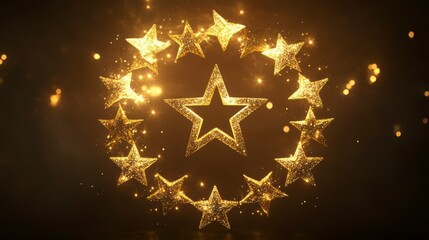 Poster - Golden stars forming a circle with a large star in the center, on a dark background with sparkling lights.