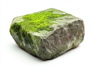 Poster - Mossy stone block on white backdrop showcasing natural texture and vibrant green moss growth for ecological concepts