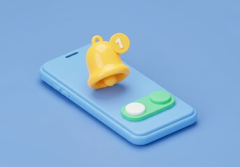 Wall Mural - cartoon phone with a yellow notification bell and a toggle button on a blue background design 3d ren