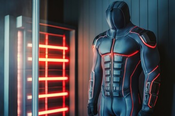 Poster - Futuristic suit displayed in a modern setting with glowing elements
