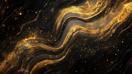 Poster - Abstract gold and black swirled marble texture with glitter.